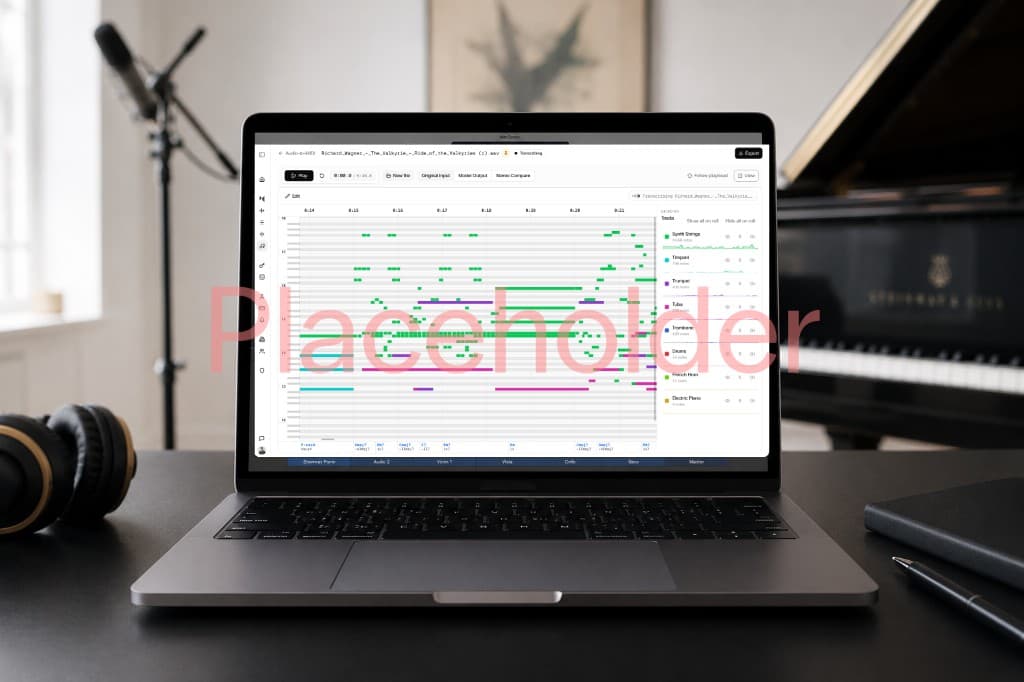 Mirelo audio-to-MIDI demo showing transcription with separated instrument tracks